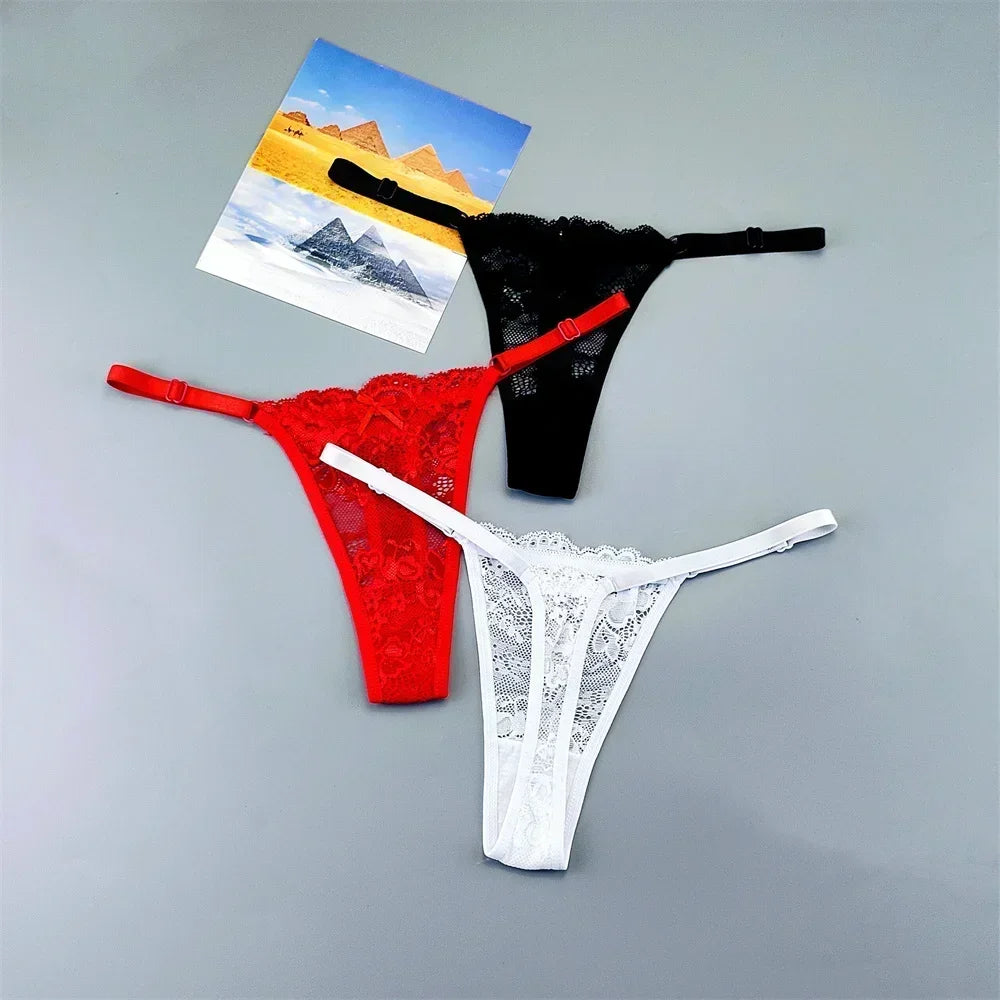 3PCS Einstellbare Sexy Transparent Tanga Höschen Frauen Spitze Unterwäsche Niedrige Taille Weibliche T-zurück String Unterhose